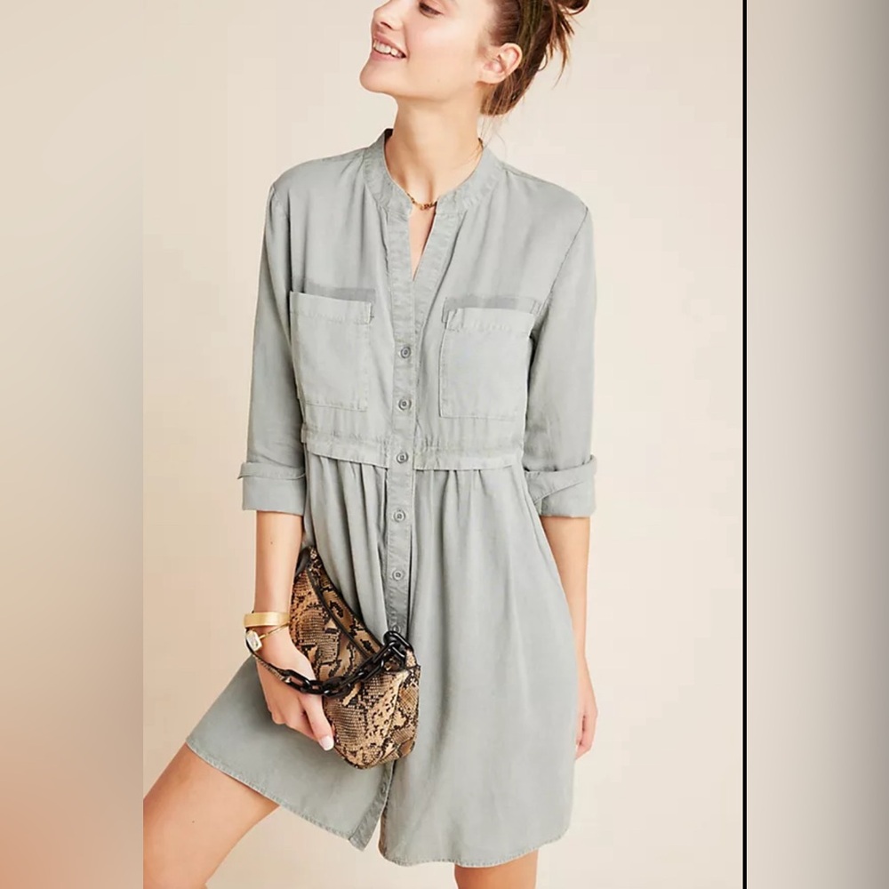 Anthropologie Cloth & Stone Lila Chambray Shirtdress in Moss Green Size …